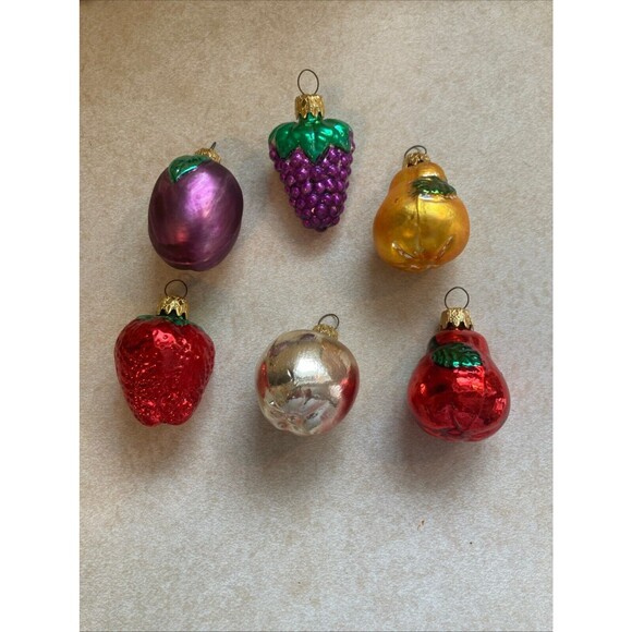 Vtg Lot 6 Fruit Glass Christmas Ornament Set Plum Grape 2 Pears Strawberry Apple - Picture 1 of 12
